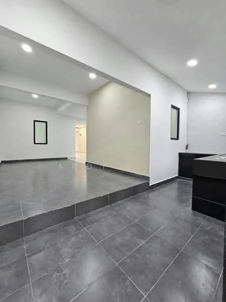Room features: grey tiled flooring, white painted walls, recessed downlights, two small windows, open layout, step-up area, black cabinetry, neutral color scheme; style: modern.