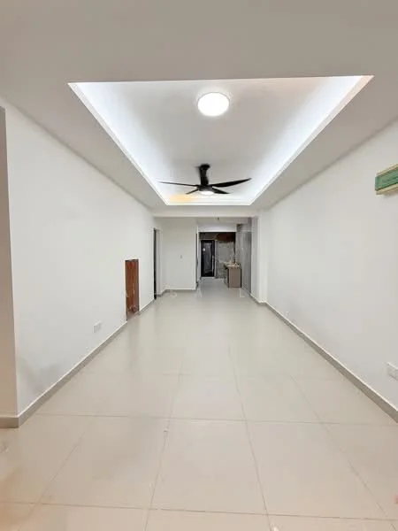 Room features: white painted walls, tile flooring, recessed ceiling with LED lighting, 5-blade ceiling fan, open layout, neutral color scheme, no visible furniture, large space; style: modern.