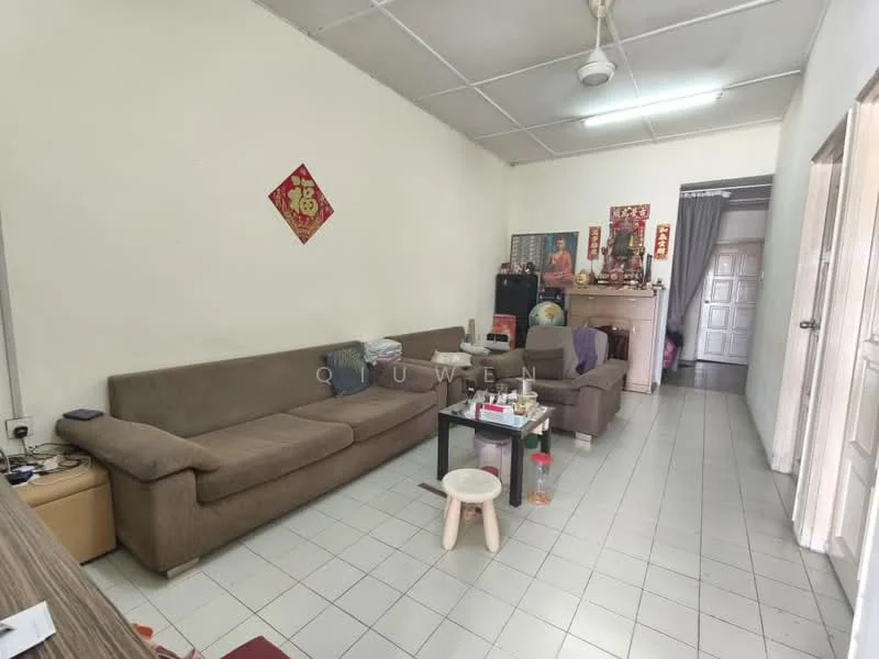 Living features: 3-seater fabric sofa in beige, 2-seater fabric sofa in beige, coffee table, TV console, wall-mounted TV, white tiled flooring, ceiling fan, decorative wall art, wooden shelving unit, doorway leading to other rooms.