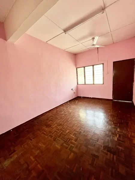 Room features: pink painted walls, parquet wood flooring, ceiling fan, window with multiple panes, wooden door, light fixture on ceiling.