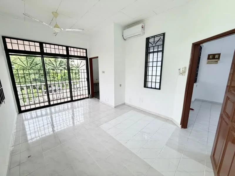 Living features: white painted walls, white tiled flooring, 5-blade ceiling fan, wall-mounted split AC, large floor-to-ceiling windows, grid-patterned window panes, natural light from windows, doorway leading to another room; style: modern; view: garden.
