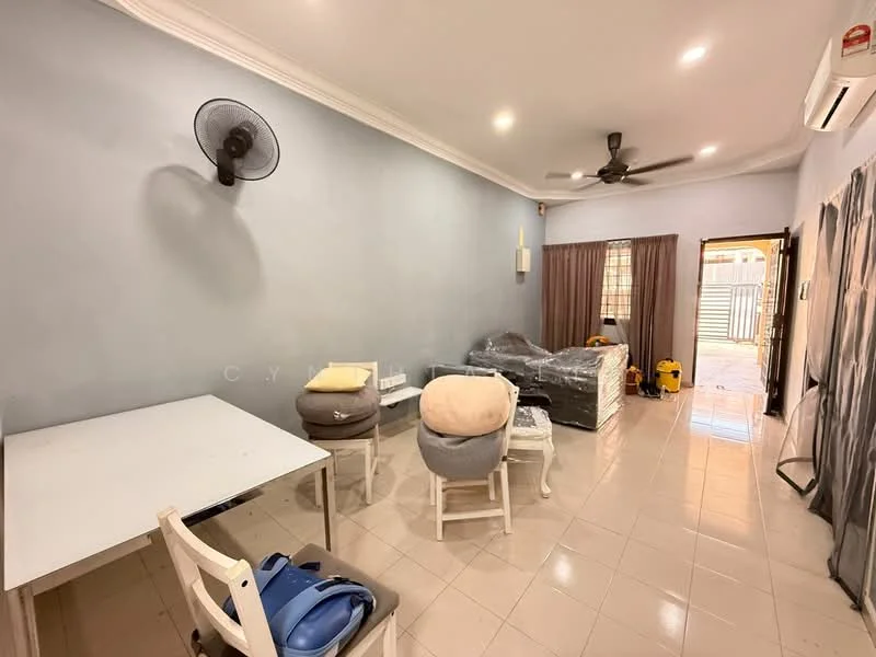 Living features: light grey painted walls, white ceiling with crown moulding, ceramic tile flooring, 5-blade ceiling fan, wall-mounted air conditioning unit, sofa set with cushions, coffee table, dining table with chairs, curtains on windows, door leading outside; style: modern.