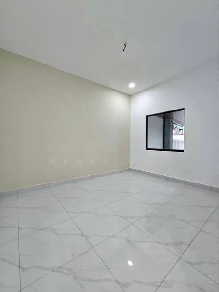 Room features: white painted walls, marble tile flooring, recessed downlights, large window, neutral color scheme, smooth ceiling, single pendant light, no visible furniture; style: modern.
