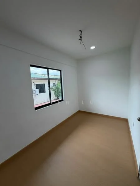 Room features: white painted walls, laminate flooring, single window, ceiling light fixture, no visible furniture, neutral color scheme.