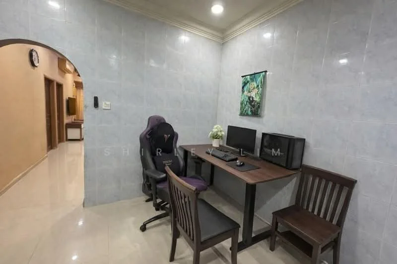 Study features: grey tiled walls, glossy beige floor tiles, wooden desk, black office chair with purple accents, two wooden chairs, computer monitor, laptop, decorative plant in ceramic pot, framed artwork on wall, wall clock, recessed ceiling lights; style: modern.