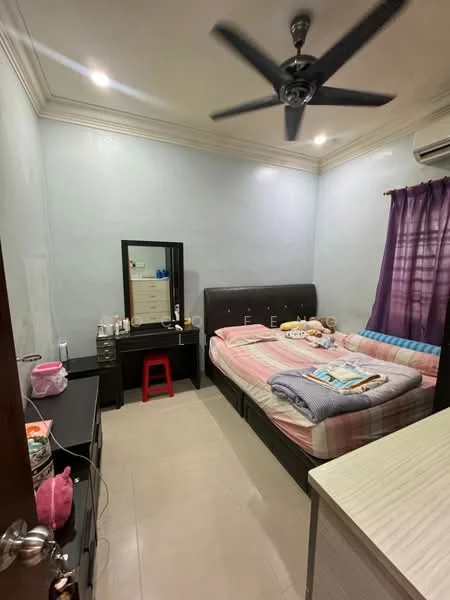 Bedroom features: king-size bed with upholstered headboard, bedding in pastel colors, 2 bedside tables, wall-mounted mirror, dressing table with stool, ceiling fan with light, air conditioning unit, purple curtains, light blue painted walls, tile flooring, decorative stuffed toys on bed, built-in wardrobe; style: modern.