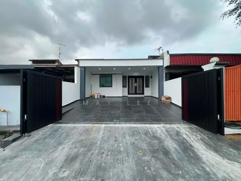 Exterior type: detached bungalow; features: black metal gate, grey tiled driveway, white painted facade, flat roof, two front doors, large windows, covered carport, manicured landscaping, paved walkway, surrounding walls, modern design; style: modern.