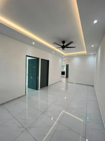 Room features: white painted walls, glossy white tile flooring, tray ceiling with LED strip lighting, ceiling fan, double doors with green frames, recessed downlights; style: modern.