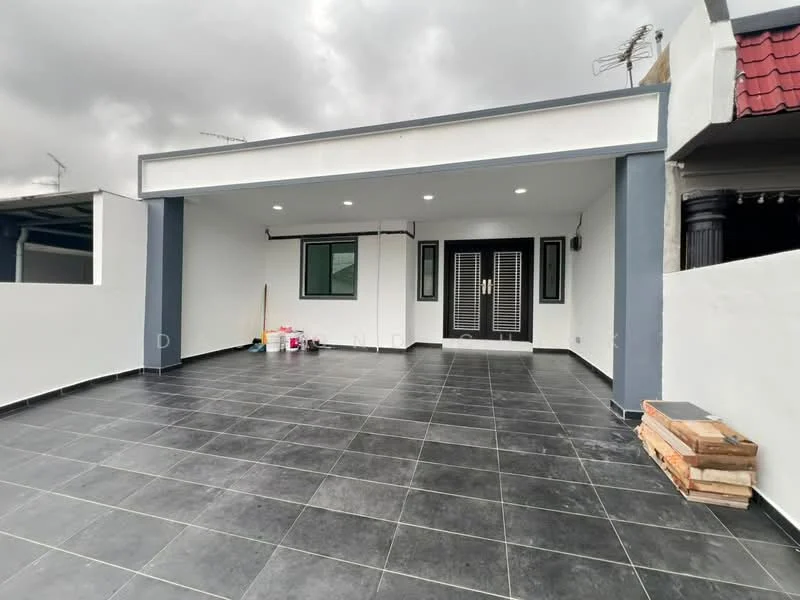 Exterior features: grey tiled flooring, white painted walls, black framed windows, double front doors with vertical slats, overhang roof, outdoor space, exposed electrical wiring, clean modern design; style: modern.