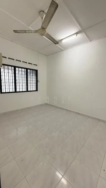 Room features: white painted walls, glossy ceramic tile flooring, ceiling with recessed lighting, 5-blade ceiling fan, black grille windows, no visible furniture or decor; style: minimalist.