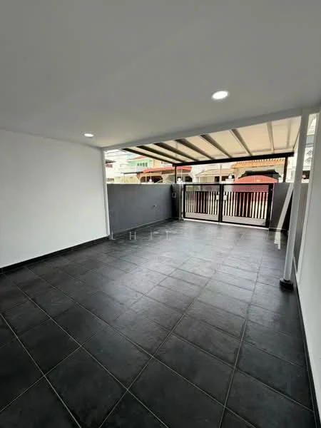Room features: grey tiled flooring, white painted walls, recessed downlights, sliding glass door, metal railing, covered roof, open layout, outdoor view; style: modern.