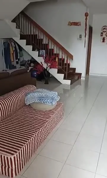 Living features: striped fabric sofa, ceramic tile flooring, staircase with wooden railing, decorative wall art, potted plants, open space layout, wall-mounted light switch, white painted walls; style: modern.
