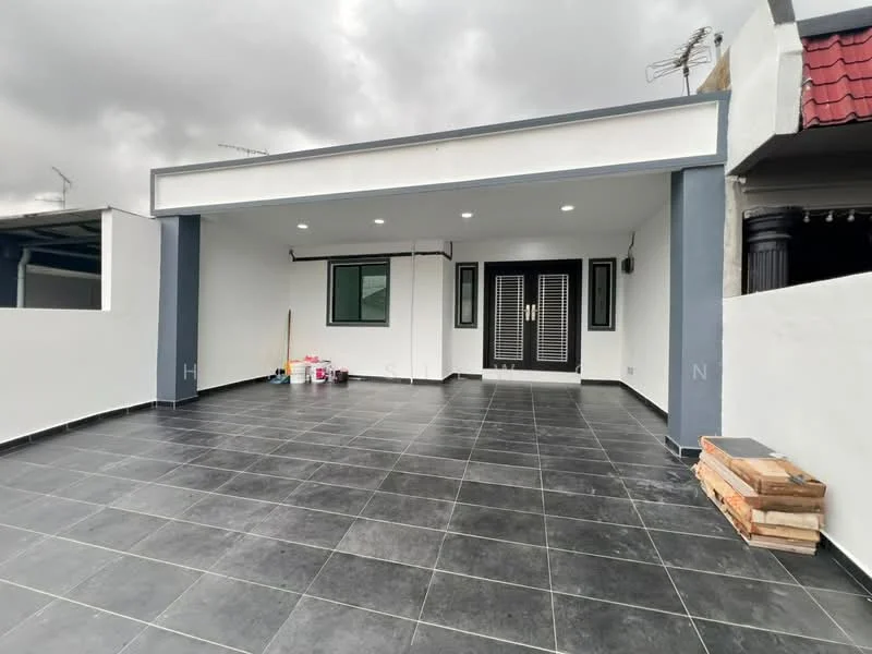 Exterior features: grey tiled flooring, white painted walls, black framed sliding windows, double-door entrance with black grilles, overhead ceiling lights, open outdoor space, partially covered area, paint cans and tools visible; style: modern.