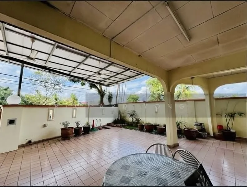 Room features: tiled flooring, covered patio, outdoor dining table with chairs, potted plants, exposed ceiling beams, wall-mounted light fixtures, windows with natural light, greenery view; style: contemporary; view: garden.