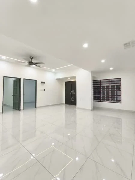 Room features: white painted walls, marble tile flooring, 5-blade ceiling fan with light, recessed downlights, floor-to-ceiling windows, sliding glass door, double doors at entrance, open layout; style: modern.