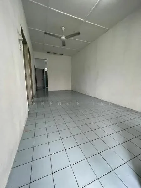 Room features: white painted walls, grey tiled flooring, ceiling fan, single light fixture, large open space, no visible furniture, plain ceiling, no window treatments; style: minimalist.