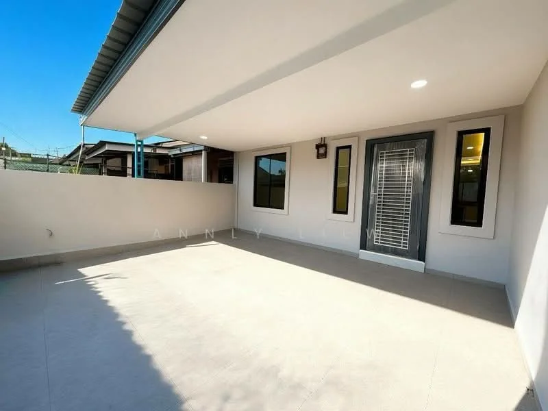 Room features: grey tiled flooring, white painted walls, sliding glass door, floor-to-ceiling windows, recessed downlights, outdoor view, covered roof, lattice window treatment; style: modern; view: garden.