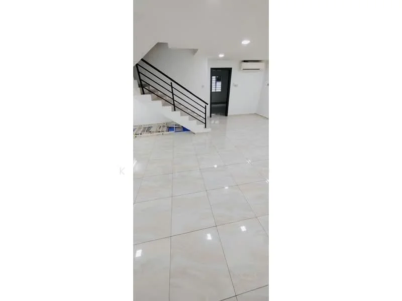Room features: white painted walls, glossy ceramic tile flooring, staircase with black metal railing, air conditioning unit, door with glass panel, recessed ceiling lights; style: modern.