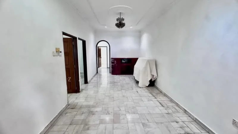 Room features: white painted walls, marble flooring, chandelier, arched doorway, wooden door, covered furniture, recessed lighting; style: modern.