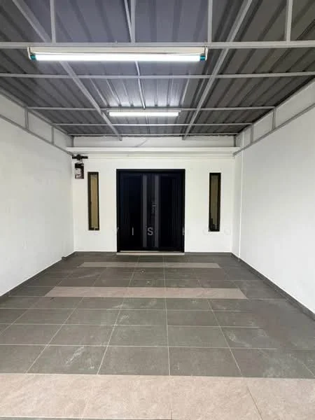 Room features: grey tiled flooring, white painted walls, metal ceiling with exposed beams, two vertical windows, double-door entrance, fluorescent lighting; style: modern.