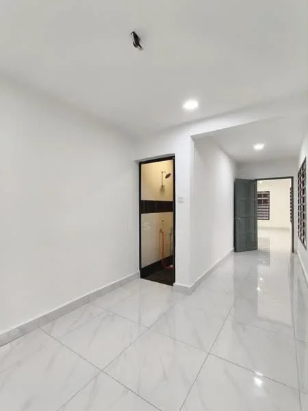 Room features: white painted walls, marble tile flooring, recessed downlights, doorway leading to bathroom, doorway leading to another room, light switch, baseboards, window with grille; style: modern.