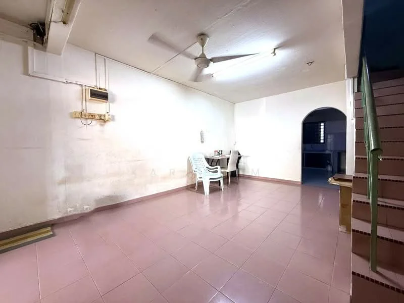 Room features: white painted walls, pink tile flooring, ceiling fan, dining table with chairs, wall-mounted electrical outlet, staircase leading to upper level, arched doorway leading to another room, natural light from windows; style: minimalist.