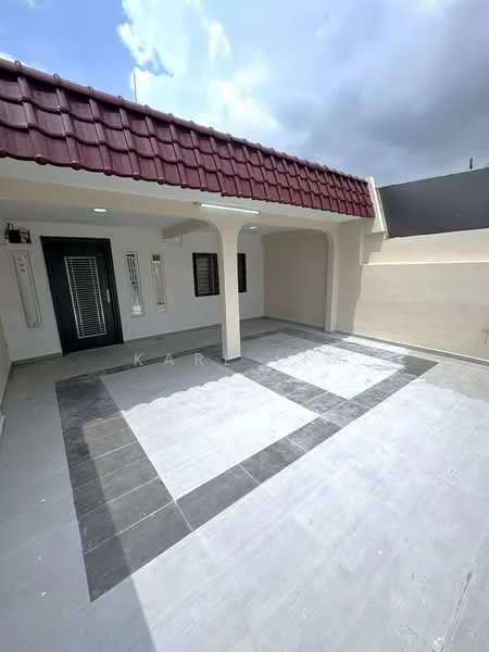 Exterior features: red tiled roof, grey tiled flooring, white painted walls, two wall-mounted air conditioning units, black front door with glass panels, windows with black frames, covered porch area, open space layout; style: modern.