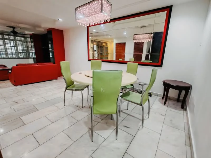Dining features: round dining table, 6 green upholstered dining chairs, chandelier with crystals, mirrored wall, red accent wall, white painted walls, marble tile flooring, ceiling fan; style: modern. Living features: red leather sofa, coffee table, open layout to dining area; style: modern.