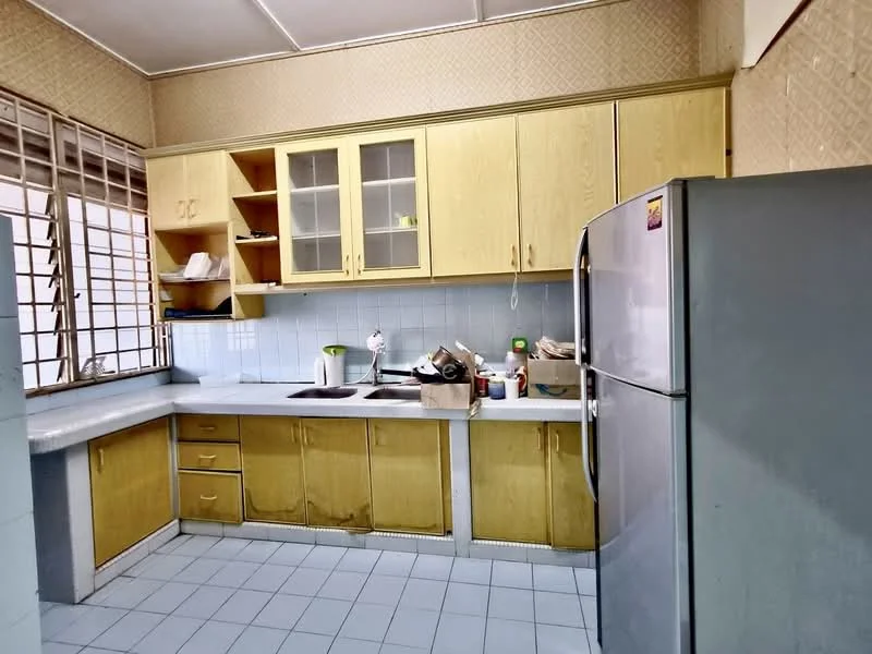 Kitchen features: light wood cabinetry, glass-front upper cabinets, grey countertop, double-bowl stainless-steel sink, chrome pull-down faucet, freestanding stainless-steel fridge, built-in stove, tile backsplash, white tiled flooring, window with metal grille, open shelving, kitchen utensils on countertop.