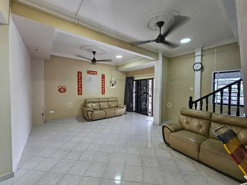 Living features: cream painted walls, white ceiling with decorative moulding, marble tile flooring, 2-seater leather sofa in beige, 2-seater leather sofa in light brown, ceiling fan with light, wall clock, sliding glass door, black railing staircase, decorative wall art, window with sheer curtains; style: modern; view: garden.