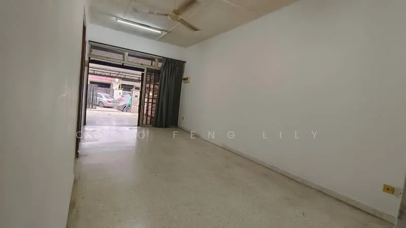 Room features: white painted walls, concrete flooring, ceiling fan, sliding glass door, curtains, natural light from windows, light fixture on ceiling; style: minimalist; view: street.