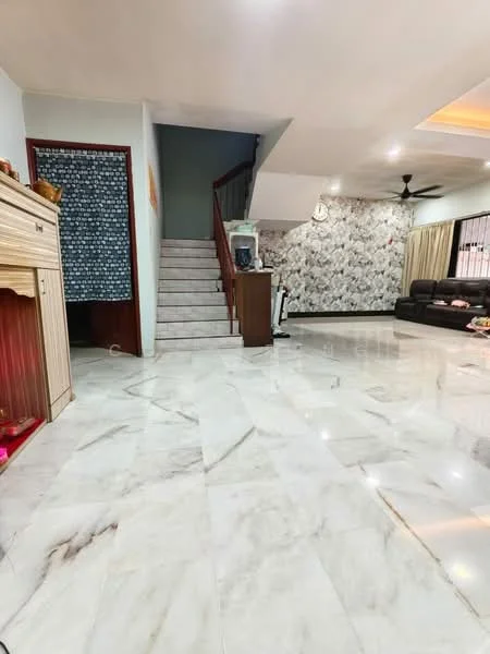 Living features: marble tile flooring, white painted walls, feature wall with patterned wallpaper, staircase with wooden railing, ceiling fan, large windows with curtains, wall clock, decorative items on mantel, open layout, natural light; style: modern.