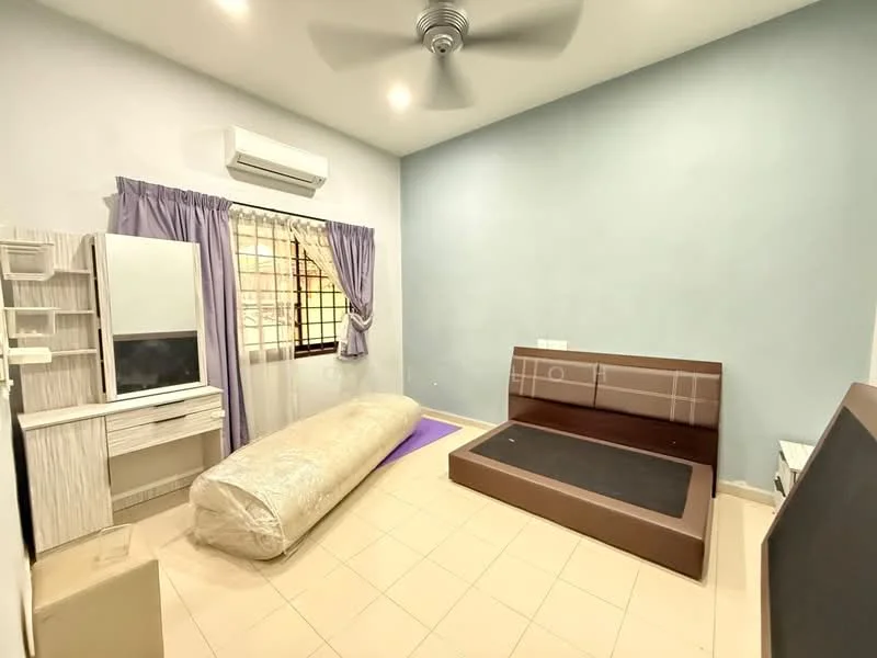 Bedroom features: light blue painted walls, cream tiled flooring, ceiling fan, window with black grille, purple curtains, built-in wardrobe, dressing table, bed frame without mattress, rolled-up mattress, sofa bed, air conditioning unit.