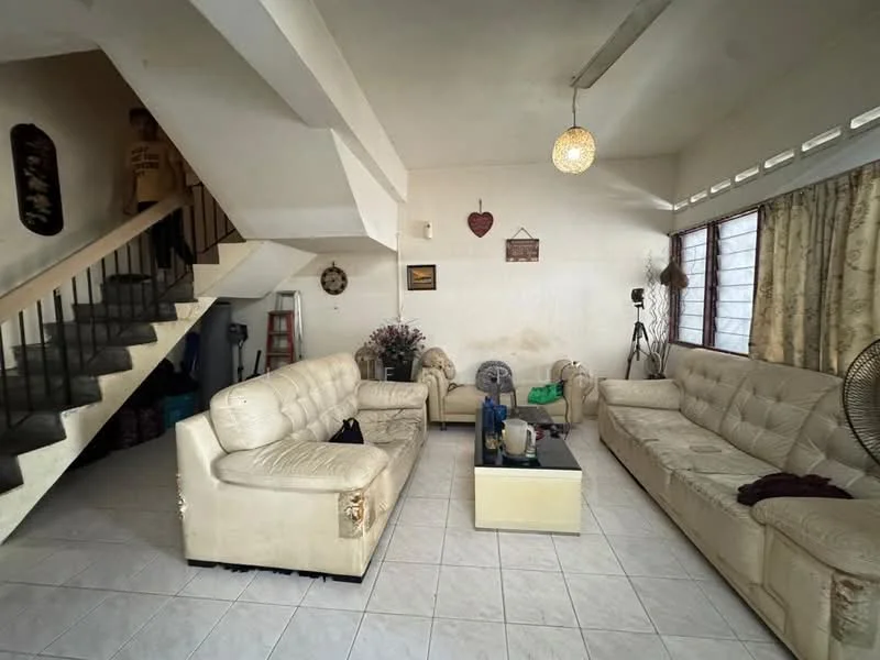 Living features: cream leather sofa, 2-seater sofa, 3-seater sofa, coffee table, tile flooring, white painted walls, large windows with sheer curtains, ceiling fan, decorative wall art, staircase with black railing, area rug; style: contemporary.