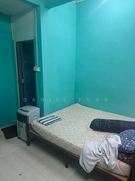 Bedroom features: turquoise painted walls, single bed with floral bedding, air conditioning unit, tile flooring, window with sheer curtains, wardrobe, bedside rug.