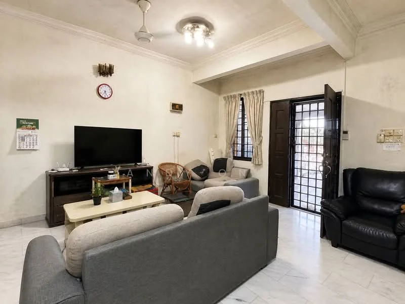 Living features: grey fabric sofa, black leather armchair, wooden coffee table, TV console, wall-mounted TV, marble flooring, white painted walls, ceiling fan with light, decorative wall clock, curtains on windows, open doorway, wall-mounted light switch; style: modern.