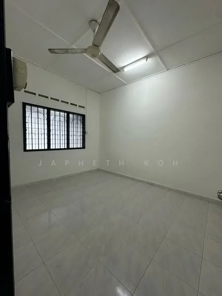 Room features: white painted walls, glossy ceramic tile flooring, ceiling fan, three-pane window with black grille, air conditioning unit, no visible furniture, neutral lighting, plain ceiling; style: minimalist.