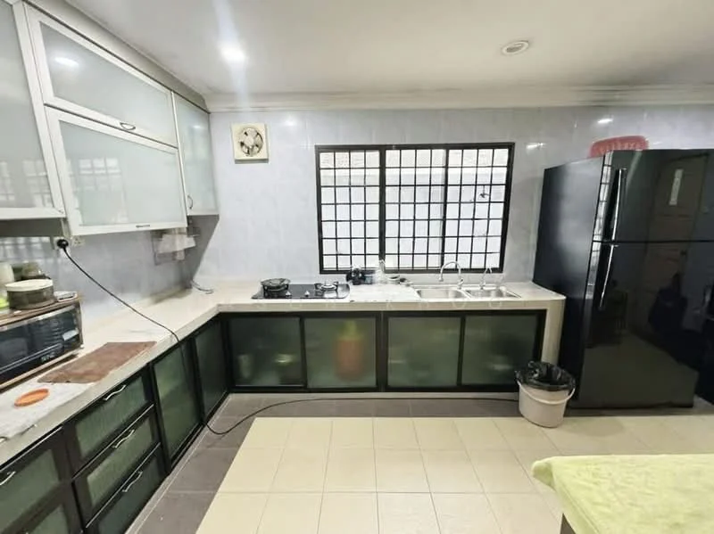 Kitchen features: white marble countertop, black cabinetry with glass panels, double-bowl stainless-steel sink, chrome pull-down faucet, built-in gas stove, black refrigerator, tile flooring, window with grid pattern, exposed light fixture, kitchen utensils on countertop, trash bin; style: modern.