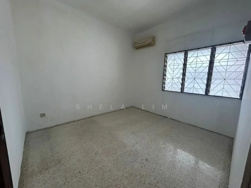 Room features: white painted walls, concrete flooring, 1 wall-mounted split AC, 2 windows with metal grilles, no visible furniture or decor; style: minimalist.