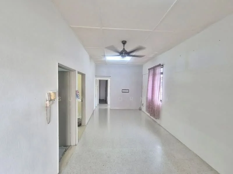 Room features: white painted walls, ceiling fan, light-colored flooring, window with sheer curtains, doorway leading to another room, doorway leading to kitchen, natural light from window, plain ceiling; style: minimalist.