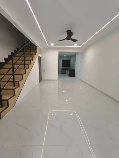 Living features: marble tile flooring, white painted walls, recessed downlights, 5-blade ceiling fan, staircase with wooden steps and black railing, open layout, large space, neutral color palette; style: modern.