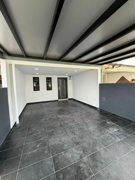 Exterior features: flat roof with metal beams, grey tiled flooring, white painted walls, black security door, three vertical windows, outdoor space with covered area; style: modern.
