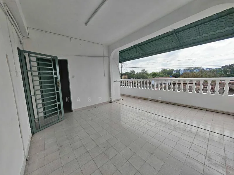 Room features: white painted walls, tile flooring, sliding glass door, balcony with railing, overhead awning, large window with view, open space layout, natural light; view: city.