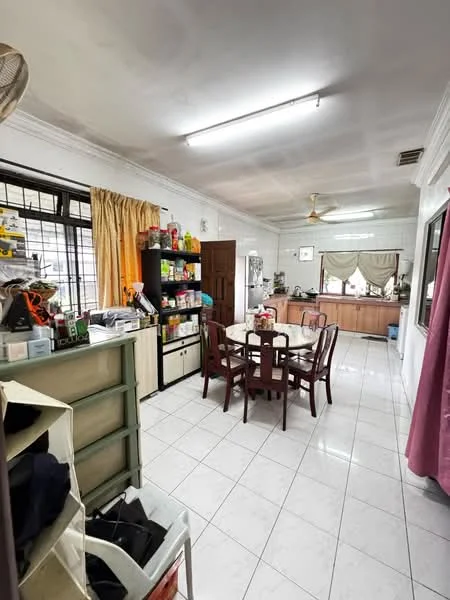 Dining features: white tiled flooring, ceiling fan, round dining table with four chairs, wooden dining chairs, window with sheer curtains, built-in cabinetry, open layout to kitchen, light-colored walls, recessed ceiling lights, decorative items on shelves. Kitchen features: wooden cabinetry, countertop with sink, kitchen appliances visible, open layout to dining area, window with curtains.