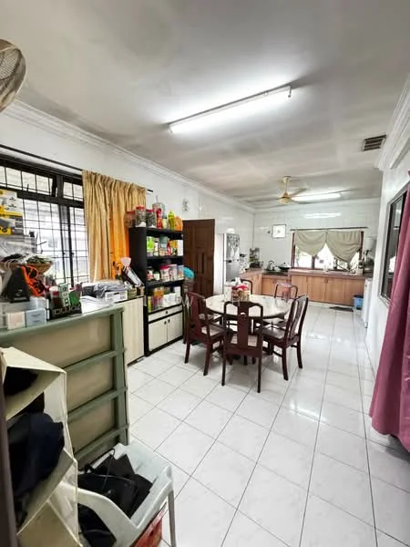 Dining features: white tiled flooring, ceiling fan with light, wooden dining table with four chairs, large window with sheer curtains, built-in cabinetry, refrigerator, kitchen counter with cabinets, wall-mounted shelves, various kitchen items and appliances on shelves, light-colored walls, decorative plants on window sill; style: traditional.