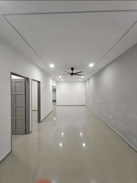 Room features: white painted walls, grey accent wall, polished tile flooring, 5-blade ceiling fan with light, recessed LED downlights, doorway to adjacent rooms, smooth ceiling, open layout; style: modern.