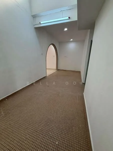 Room features: white painted walls, tile flooring, arched doorway, recessed downlights, single ceiling light, neutral color scheme; style: minimalist.