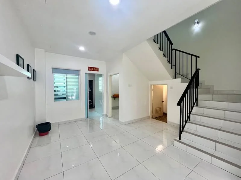 Room features: white painted walls, white tiled flooring, staircase with black railing, recessed ceiling lights, window with horizontal blinds, doorway leading to another room, open space layout, light-colored walls; style: modern.