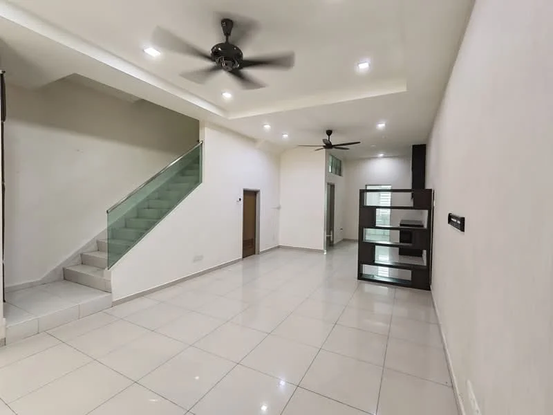 Living features: white painted walls, glossy ceramic tile flooring, 5-blade ceiling fan with light, recessed downlights, large windows for natural light, open layout, staircase with glass railing, built-in shelving unit, neutral color scheme; style: modern.