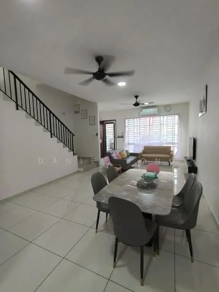 Living features: white painted walls, glossy ceramic tile flooring, 5-blade ceiling fan with light, sofa in beige, coffee table with marble top, TV console, wall-mounted TV, large windows with sheer curtains, decorative wall clock, area rug, dining table with grey upholstered chairs; style: modern.